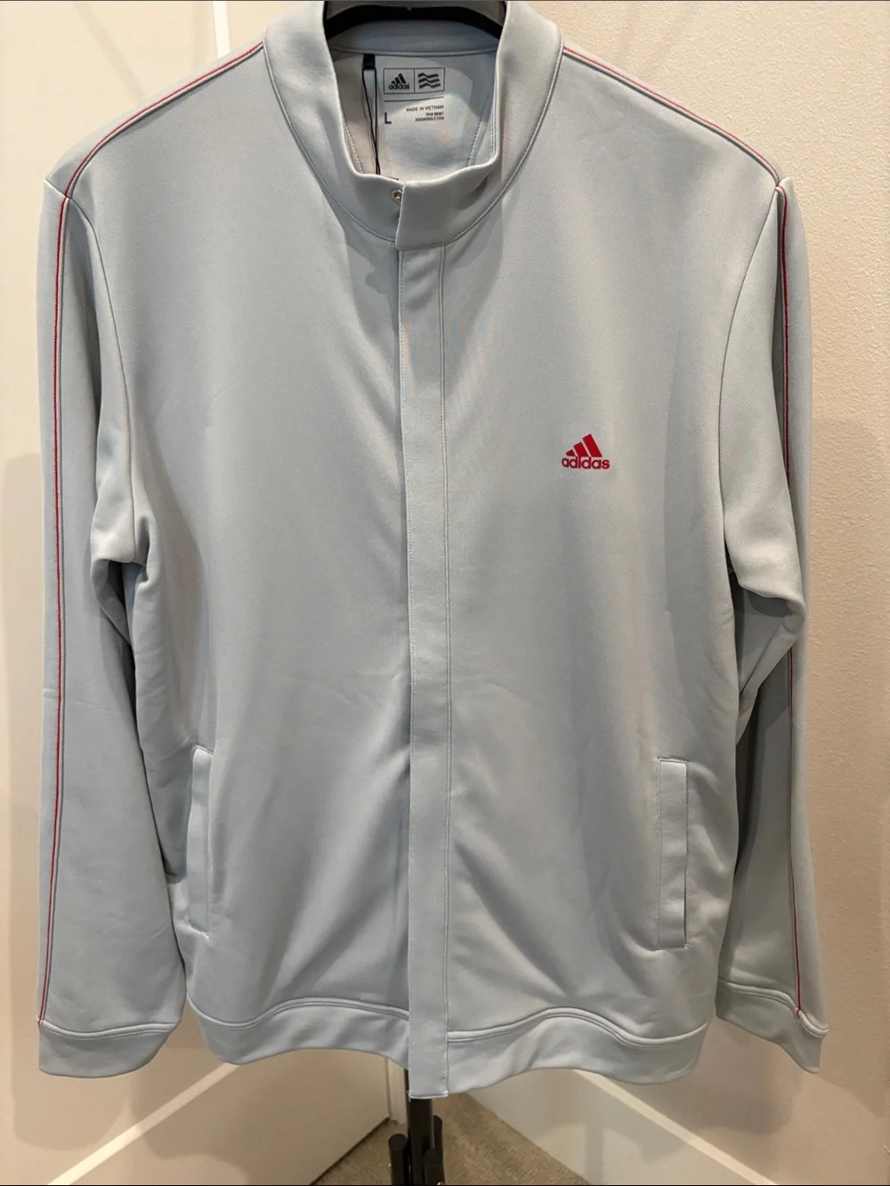 adidas golf Light Gray Men’s Track Jacket with Red Logo and sleeve stripe NWT Lg